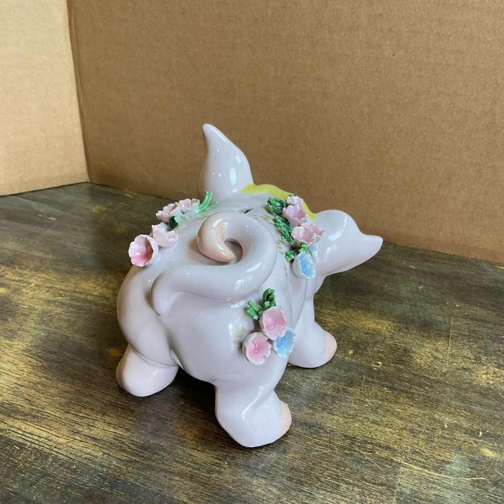 Vintage Lefton China Piggy Bank Pink Pig w/ Applied Flowers Hand Painted Japan - Picture 4 of 10